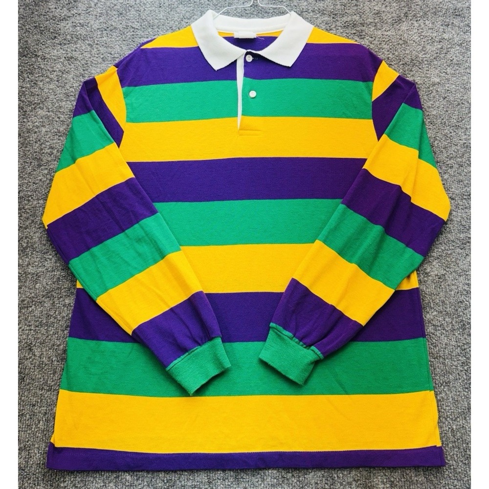 Vintage Mardi Gras Rugby Shirt Men's Large Purple Green Gold Striped Long Sleeve